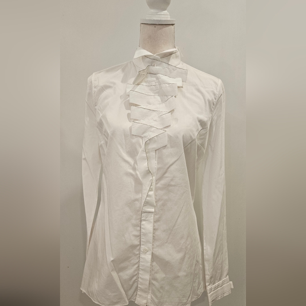 Viktor & Rolf White Ruffled With Silver Edge Long Sleeve Blouse Sz 42